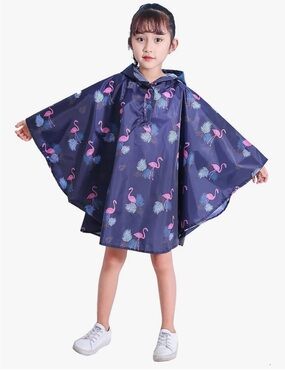 Girls' Navy Flamingo Hooded Rain Poncho